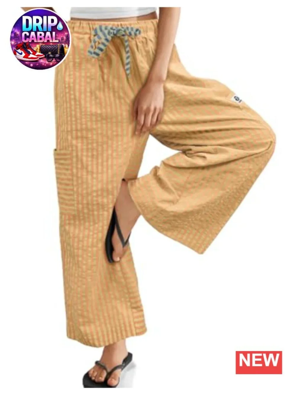 Cotton Blend Palazzo Pants for Women, Drawstring Elastic Waist, Striped Wide